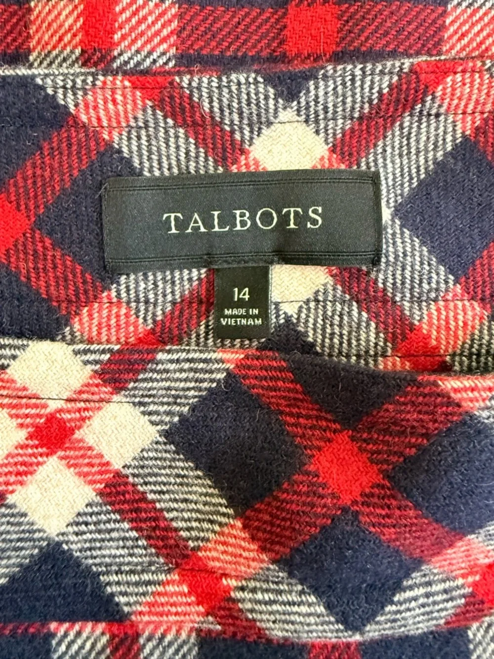 🇺🇸 Talbots Navy Red White Blue Plaid A-Line Mini Skirt Wool Blend Size 14 EUC